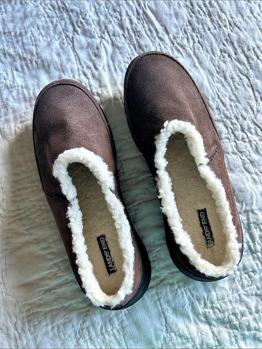 Lands' End Women's Suede Furry Lined Slippers Brown Faux-Fur Lined Slip-On Boots